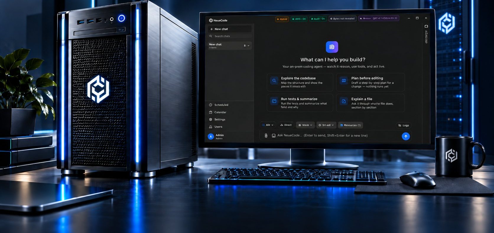 A NeueCode server beside a monitor showing the NeueCode app, ready to take a task