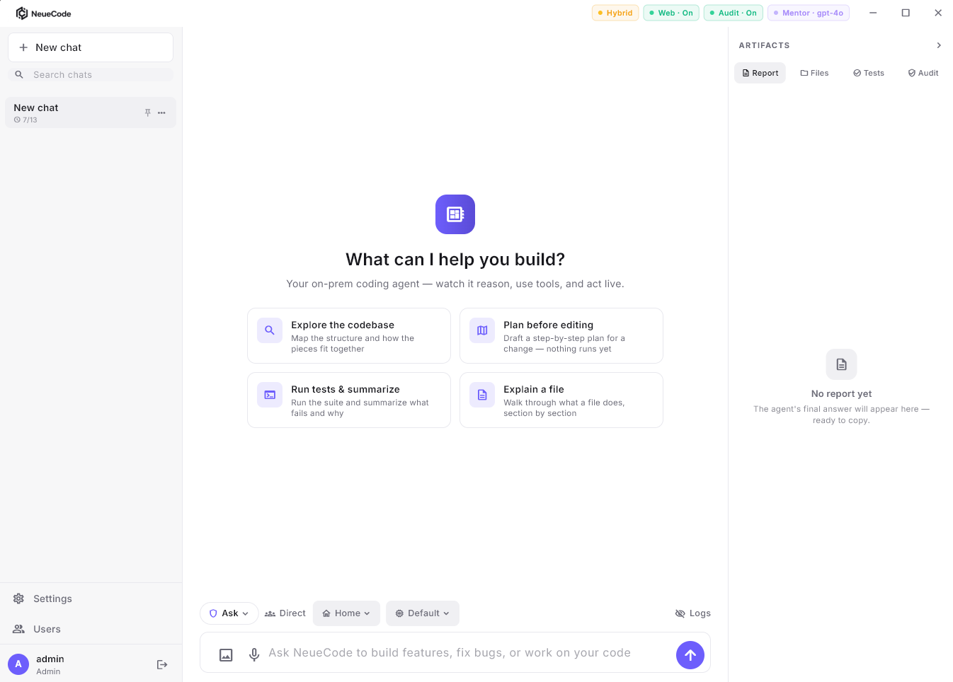 The NeueCode coding-agent workbench — plan, run tools, and keep an audit trail, all running inside your network